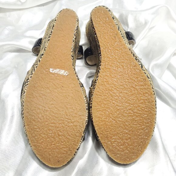 $$$ RESTRICTED black patent t-strap espadrille woven platform wedge heels SZ 9 - Picture 5 of 5